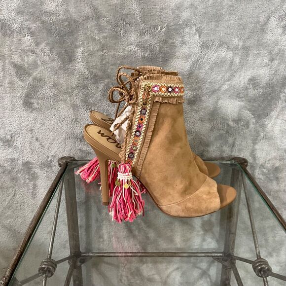 Sam Edelman Artie 2 Suede leather Open Toe Heeled Booties With Tassels. Size 8. - Picture 3 of 11